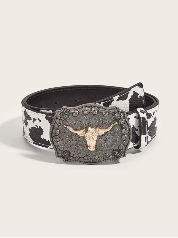 Women's Vintage Cow Head Decor Western Belt, Black and White Cow Pattern Belt for Jeans & Dress, Fashion Accessories for Daily Wear