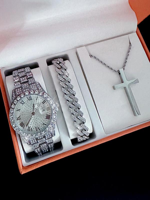 Men's Elegant Rhinestone Decorated Watch & Bracelet & Cross Pendant Necklace, Fashion Watch Set for Party, Daily Decor, Trendy All-match & Exquisite Watch Set for Birthday Gift with Box