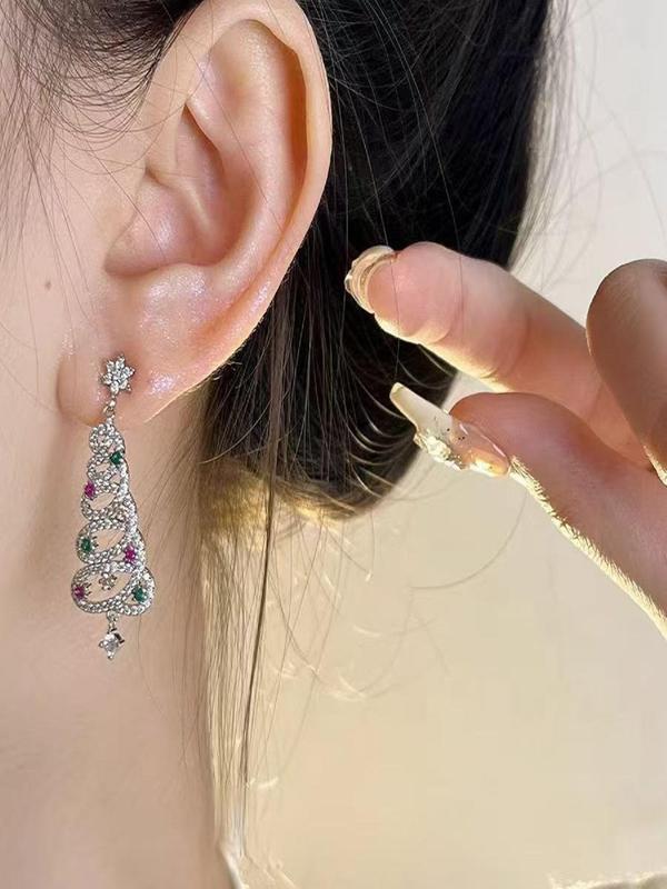 Rhinestone Decorated Christmas Tree Design Dangle Earrings, Fashionable Jewelry for Women, Trendy All-match & Exquisite Jewelry for Birthday Gift