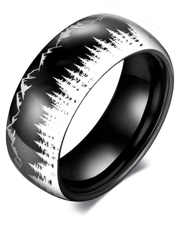 Men's Wolf Print Stainless Steel Ring, Colorblock Landscape Pattern, Black & White Fashion Accessories for Daily Decoration