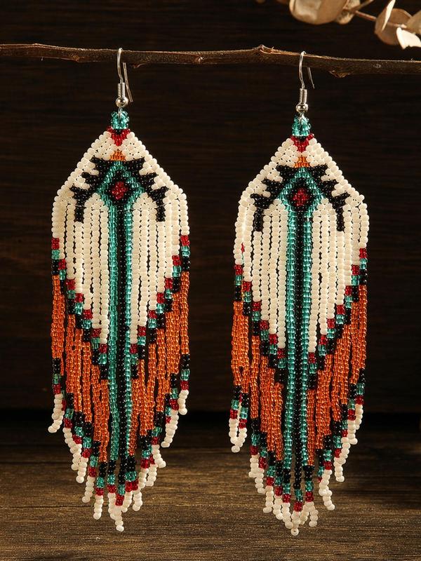 Boho Style Beaded Tassel Decor Dangle Earrings, Vintage Drop Earrings for Women, Beach Essentials, Fashion Trendy Summer Jewelry Gift for Party & Daily Life