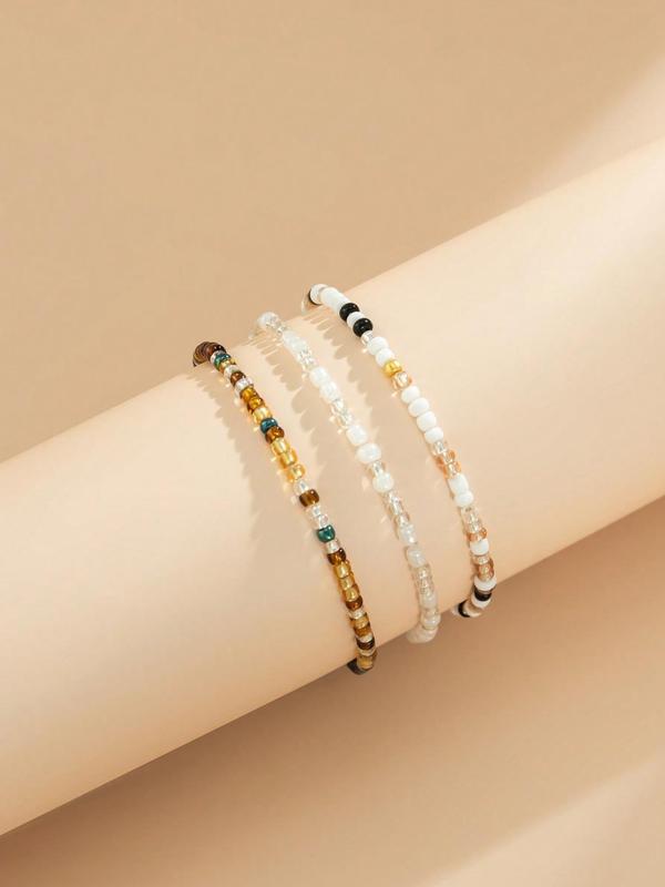 3pcs set Boho Color Block Beaded Anklet, Fashionable Foot Jewelry For Women & Girls