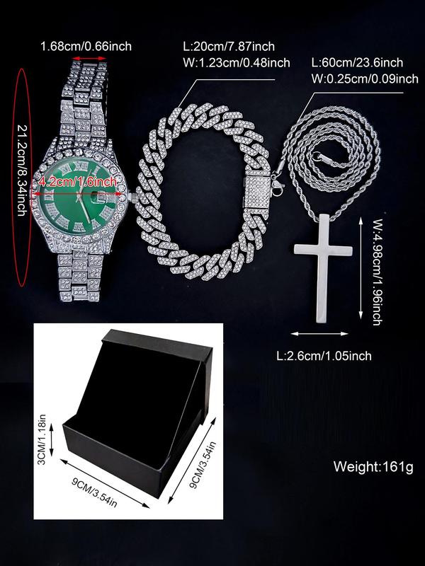 Men's Elegant Rhinestone Decorated Watch & Bracelet & Cross Pendant Necklace, Fashion Watch Set for Party, Daily Decor, Trendy All-match & Exquisite Watch Set for Birthday Gift with Box