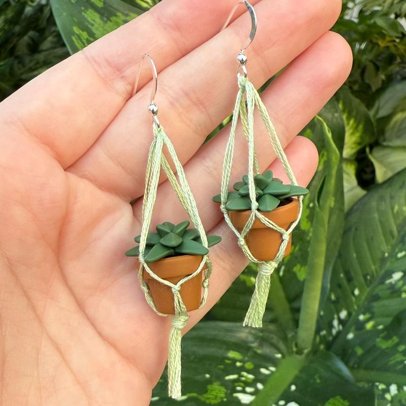 Miniature Macramé Plant Earrings - Clay Earrings - Succulent Earrings - Garden Earrings - Hanging Plant Earrings - Gift For Her - Retro Casual