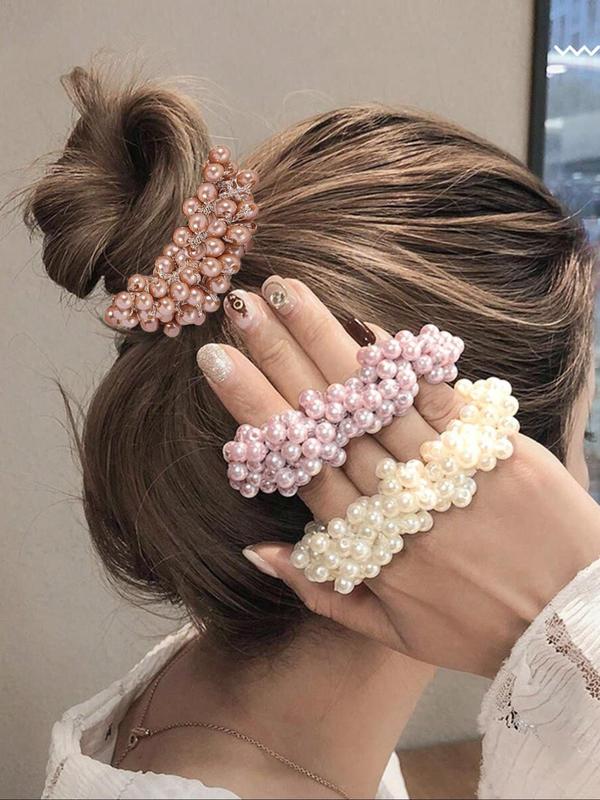 Faux Pearl Decorated Hair Tie for Gift, 3pcs Simple Cute Decorative Ponytail Holder, Minimalist Headwear Suitable for Hair, Fashion Hair Accessories for Party, Daily Clothing Decor