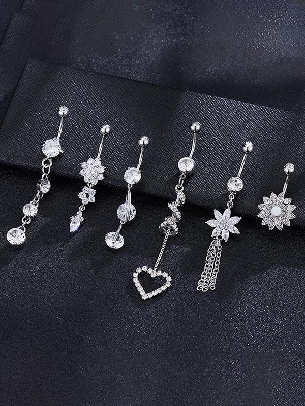 Fashion Flower & Heart Design Belly Ring, Rhinestone Decor Tassel Belly Ring for Women & Girls, Body Jewelry for Party, Trendy All-match & Exquisite Jewelry for Gift