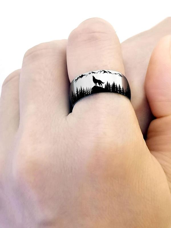 Men's Wolf Print Stainless Steel Ring, Colorblock Landscape Pattern, Black & White Fashion Accessories for Daily Decoration