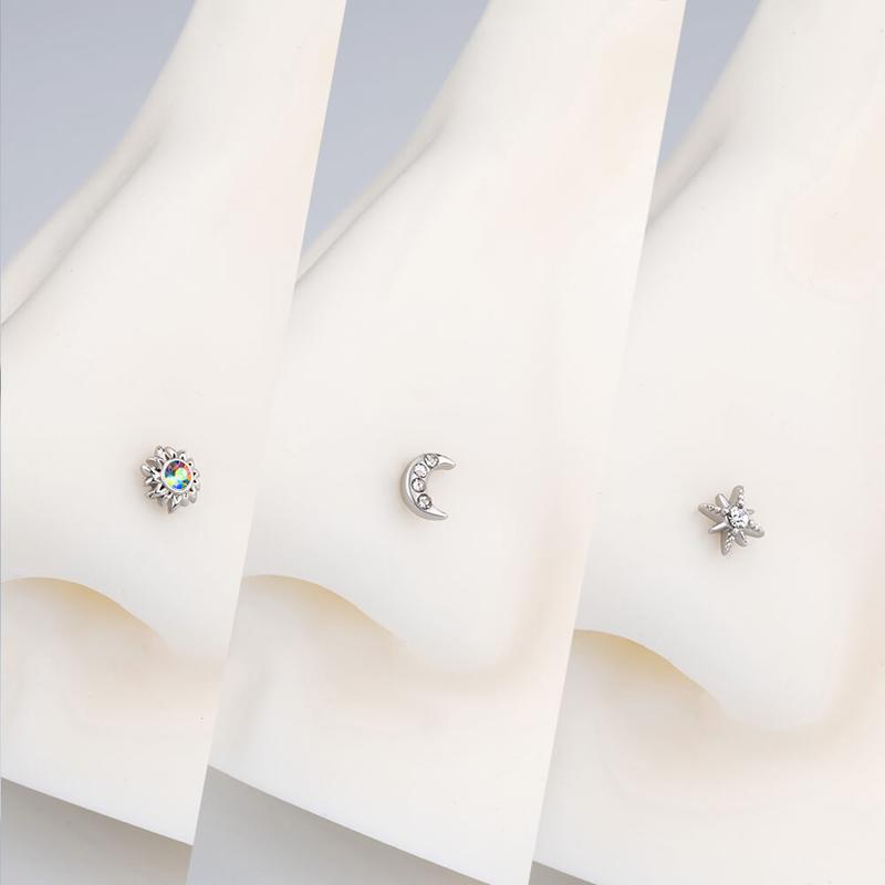 Oufer 3PCS 20G Sun Moon Star L-Shaped Nose Stud Set