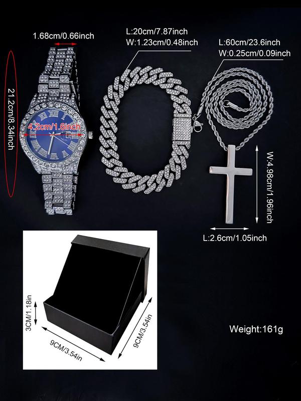 Men's Elegant Rhinestone Decorated Watch & Bracelet & Cross Pendant Necklace, Fashion Watch Set for Party, Daily Decor, Trendy All-match & Exquisite Watch Set for Birthday Gift with Box