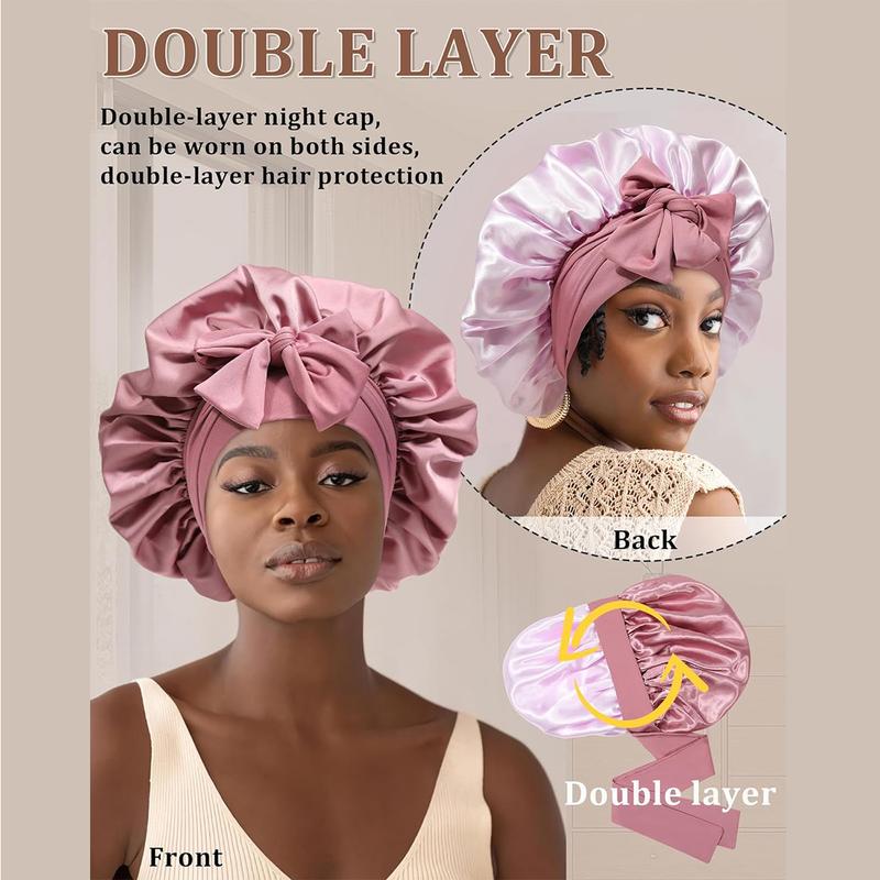 Double Layer Satin Bonnet for Sleeping Cap Women Reversible Hair Bonnets with 2PCS Hair Scrunchies Elastic Tie Band Nightcap Gifts for Women