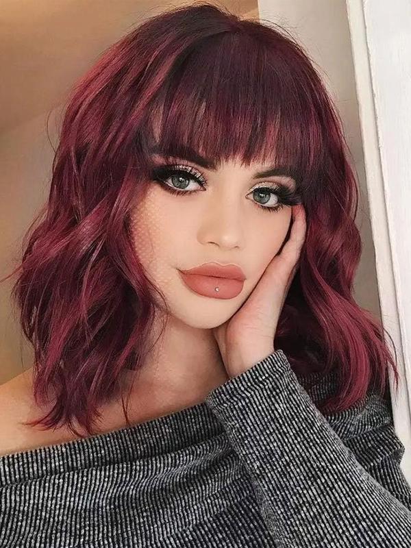 14 Inch Short Wavy Bob Wigs for Women, Gorgeous Fluffy Wigs with Bangs, Synthetic Full Machine Wigs for Party, Daily Use