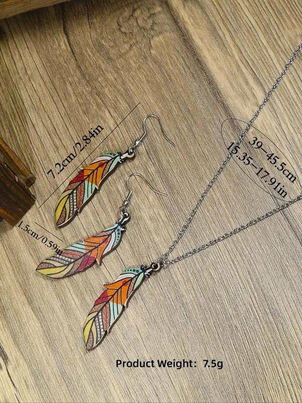 Boho Style Feather Design Pendant Necklace & Dangle Earrings, 3pcs set Colorful Wood Pulp Fiber Jewelry Set for Women and Ggirls, Casual Resort Style Jewelry for Travel and Daily Wear