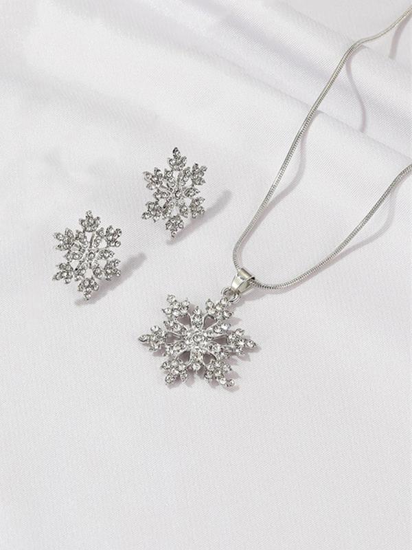 Women's Elegant Rhinestone Decor Christmas Snowflake Design Jewelry Set, Exquisite Trendy Pendant Necklace & Stud Earrings, Chic Jewelry Set for Party & Daily Decor