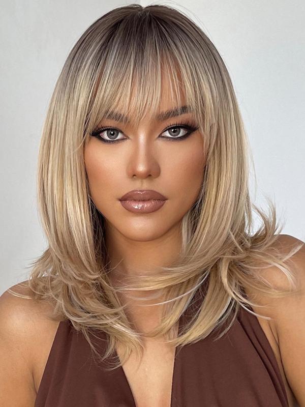 16 Inch Ombre Blonde Shoulder-length Straight Layered Wigs for Women, Gorgeous Fluffy Wigs with  Bangs, Heat Resistant Synthetic Wigs for Party, Daily Use