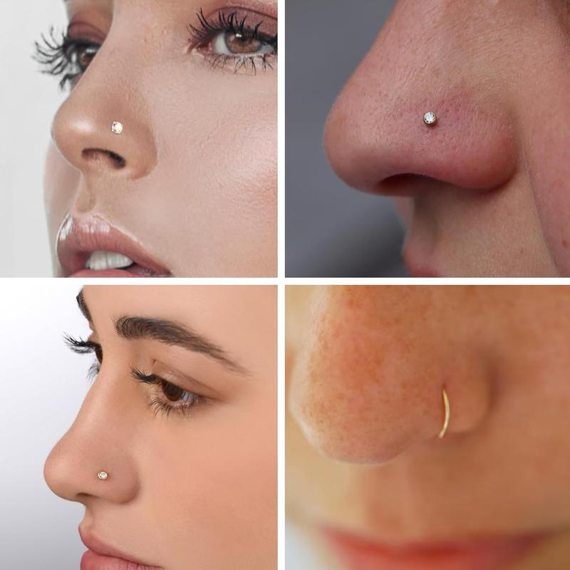 17 Gold Plated Nose Ring Studs 316L Surgical Steel Gold Nose Studs for Women Men 20G L Shaped CZ Nose Rings