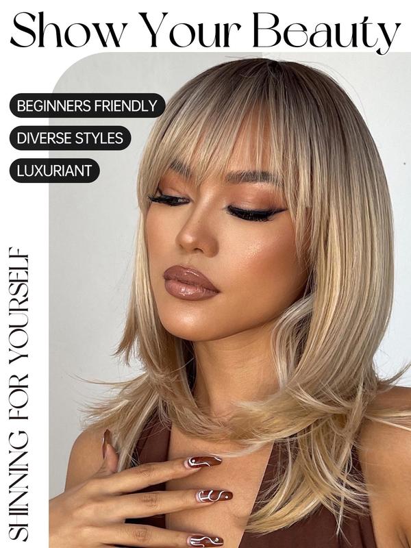 16 Inch Ombre Blonde Shoulder-length Straight Layered Wigs for Women, Gorgeous Fluffy Wigs with  Bangs, Heat Resistant Synthetic Wigs for Party, Daily Use