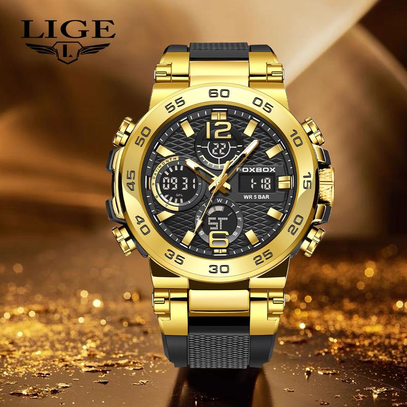 LIGE Large Disc Silicone Strap Electronic Time Setting Design Luminous Hands Waterproof Men's Watch