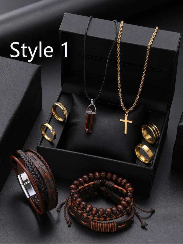 Men's Vintage Cross Pendant Necklace & Bracelet & Ring Set, Rhinestone Decor Jewelry Set, Fashion Accessories for Party, Daily Clothing Decor for Boy