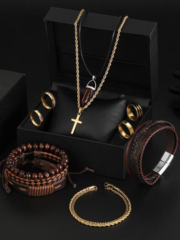 Men's Vintage Cross Pendant Necklace & Bracelet & Ring Set, Rhinestone Decor Jewelry Set, Fashion Accessories for Party, Daily Clothing Decor for Boy