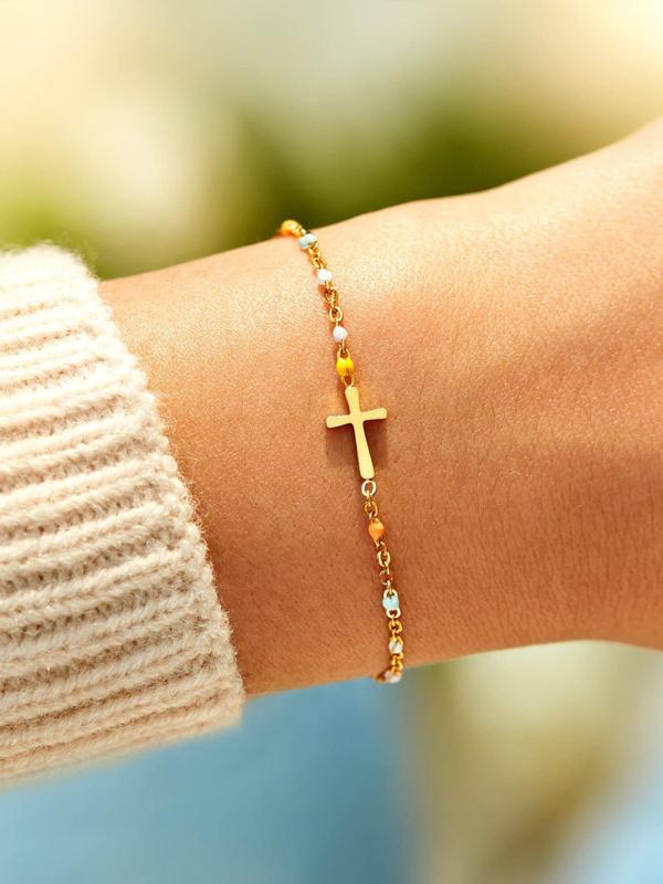 Cross Charm Decor Beaded Bracelet, Stainless Steel Jewelry for Women for Party, Daily Clothing Decor, Trendy All-match & Exquisite Jewelry for Birthday Gift