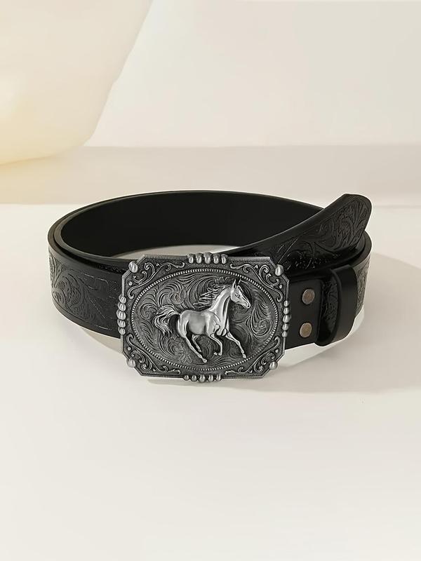 Vintage Western Cowboy Style Horse Design Buckle Belt, Fashionable Embossed Decor Belt for Men & Women, Casual Waistband for Jeans Trousers