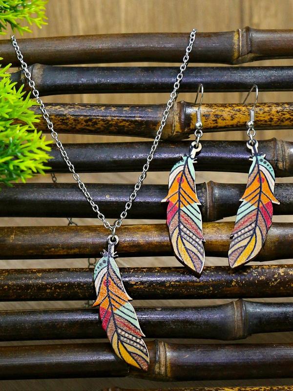 Boho Style Feather Design Pendant Necklace & Dangle Earrings, 3pcs set Colorful Wood Pulp Fiber Jewelry Set for Women and Ggirls, Casual Resort Style Jewelry for Travel and Daily Wear