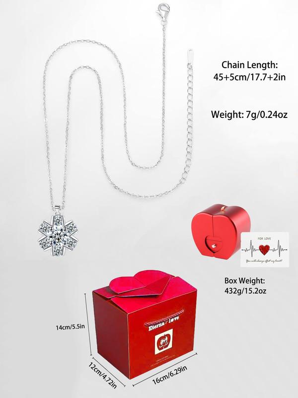 Snowflake Design Pendant Necklace & Rose Gift Box, Rhinestone Decor Necklace Set, Fashion Jewelry Accessories for Women As Gift