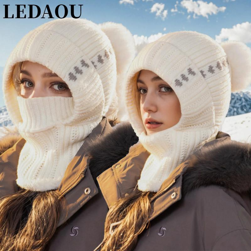 LEDAOU Women One Piece Slouchy Fleece Beanie Hats Scarf Mask Warm Winter Knitted Hat Thick Skull Ski Cap