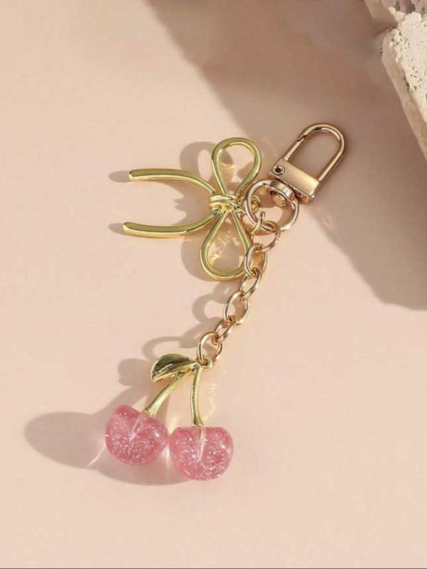 Cute Cherry & Bow Decor Keychain, Fashionable Keychain for Women & Girls, Trendy All-match & Exquisite Keychain for Birthday Gift