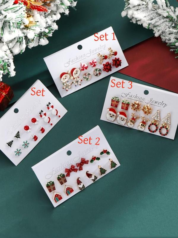 Christmas Themed Earrings Set, Cute Christmas Tree & Santa Claus & Snowman & Gift Box Design Stud Earrings, Fashion Jewelry Accessories for Women & Girls