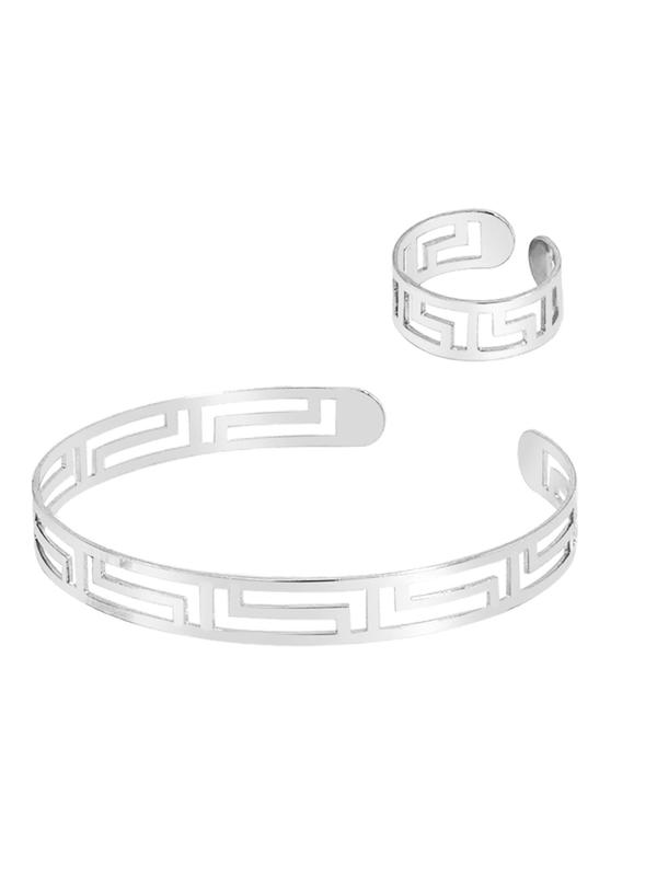 New Texture Hollow out Design Stainless Steel Ring & Bracelet, 2pcs Fashion Jewelry for Party, Daily Clothing Decor, Trendy All-match & Exquisite Jewelry for Birthday Gift