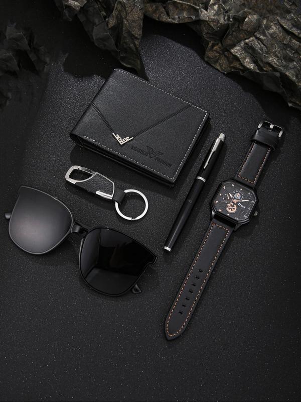 Men's Business Fashion Watch & Glasses & Wallet & Pen & Keychain Set, with Box, Trendy All-match & Exquisite Watch Set for Birthday Gift