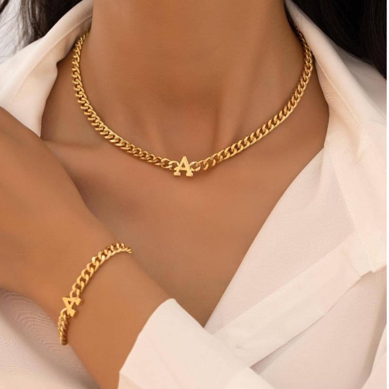 1set Fashion Zinc Alloy Letter Decor Chain Necklace & Chain Bracelet Jewelry Set For Women