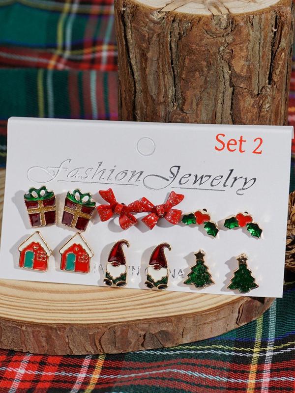 Christmas Themed Earrings Set, Cute Christmas Tree & Santa Claus & Snowman & Gift Box Design Stud Earrings, Fashion Jewelry Accessories for Women & Girls