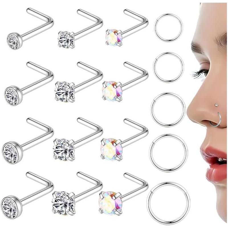 17 Gold Plated Nose Ring Studs 316L Surgical Steel Gold Nose Studs for Women Men 20G L Shaped CZ Nose Rings