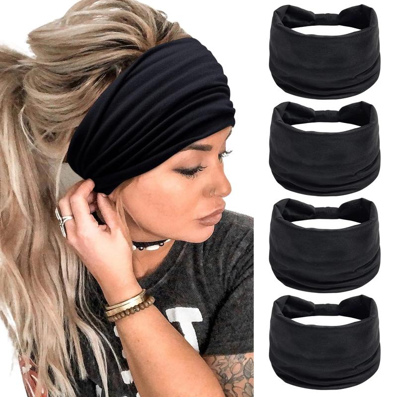 Wide Headbands for Women Black Stylish Head Wraps Boho Thick Hairbands Large African Sport Yoga Turban Headband Hair Accessories (Pack of 4)