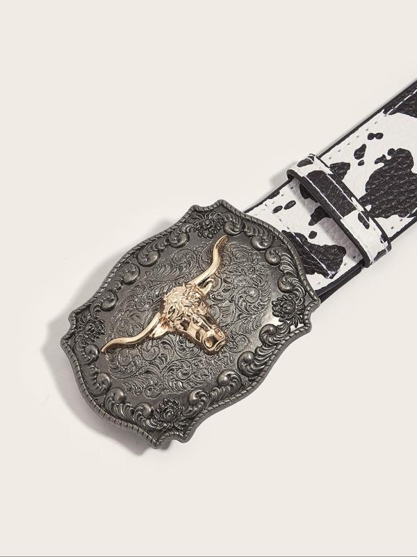 Women's Vintage Cow Head Decor Western Belt, Black and White Cow Pattern Belt for Jeans & Dress, Fashion Accessories for Daily Wear