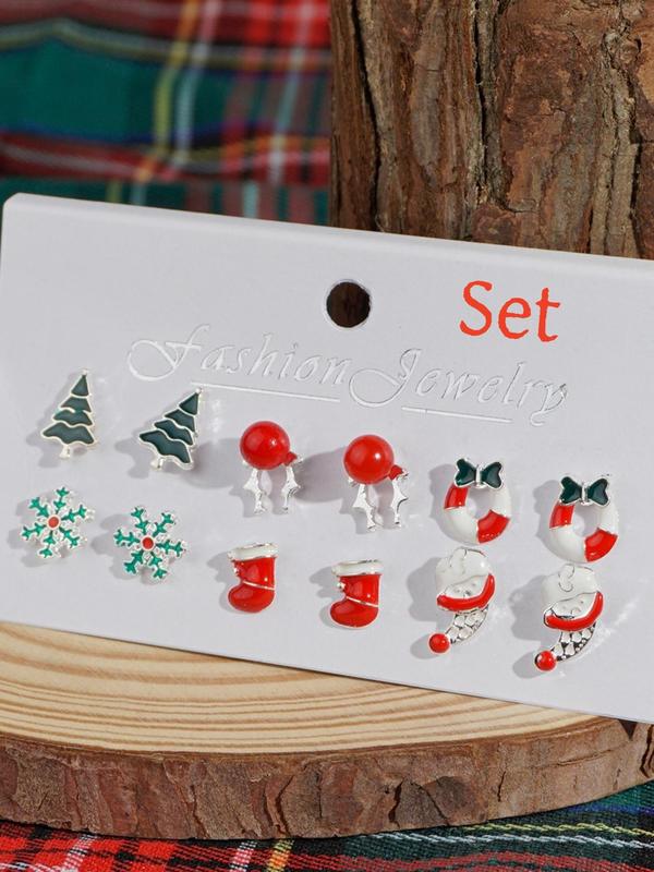 Christmas Themed Earrings Set, Cute Christmas Tree & Santa Claus & Snowman & Gift Box Design Stud Earrings, Fashion Jewelry Accessories for Women & Girls