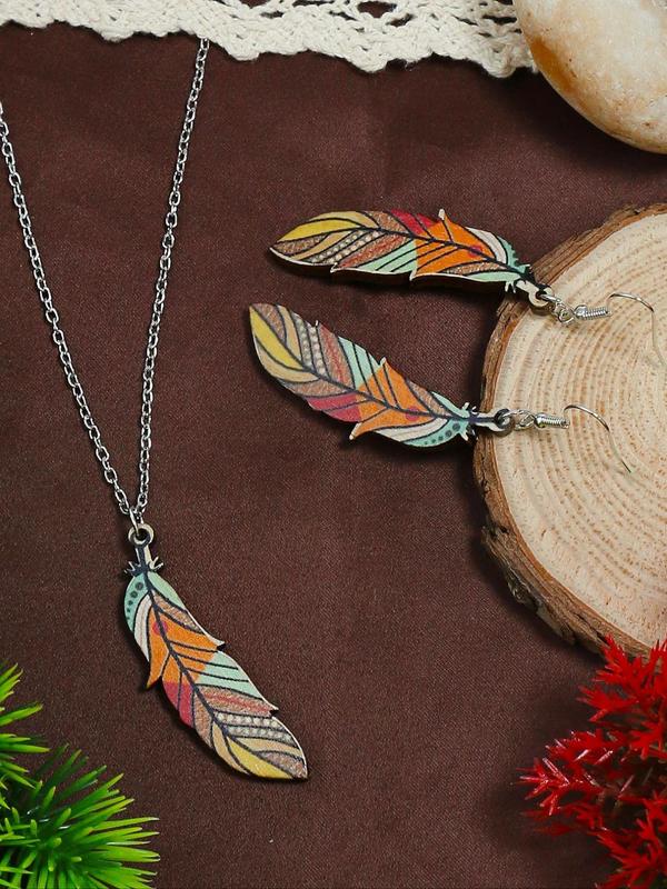 Boho Style Feather Design Pendant Necklace & Dangle Earrings, 3pcs set Colorful Wood Pulp Fiber Jewelry Set for Women and Ggirls, Casual Resort Style Jewelry for Travel and Daily Wear