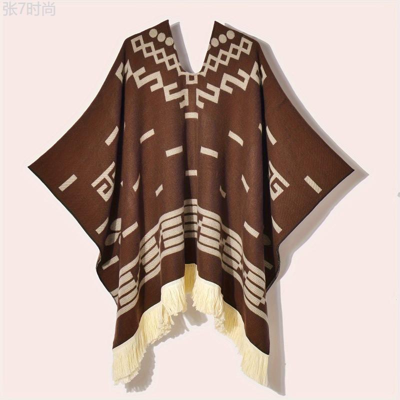 MARRYHAPPY Men's Vintage-Style Warm Poncho - Geometric Pattern, Tassel Detail, Cozy Acrylic Blend Shawl for Outdoor Adventures