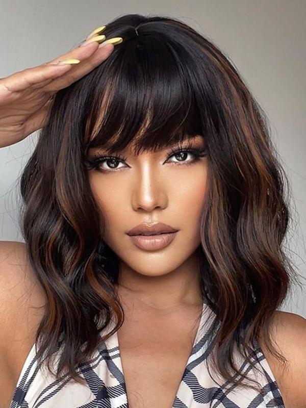 14 Inch Short Wavy Bob Wigs for Women, Gorgeous Fluffy Wigs with Bangs, Synthetic Full Machine Wigs for Party, Daily Use