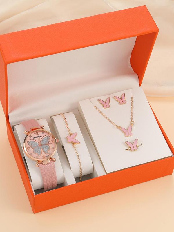 Women's Butterfly Quartz Watch & Jewelry Set, Including Rhinestone Decor Analog Watch & Necklace & Ring & Earrings & Bracelet, Fashion Watch Set As Gift, without Box