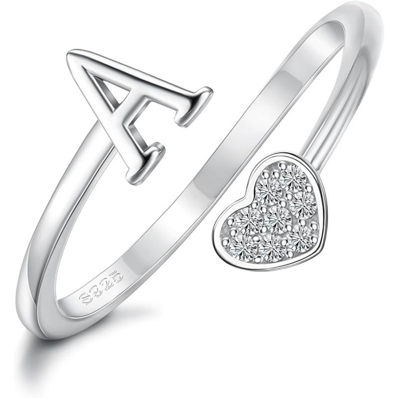 Fansilver Heart Initial Rings for Women s Initial Heart Stackable Rings Adjustable Initial Rings for Teen s Cute Heart Alphabet Letter Rings Valentine's Day Jewelry Gifts heartshaped ring shiny ring