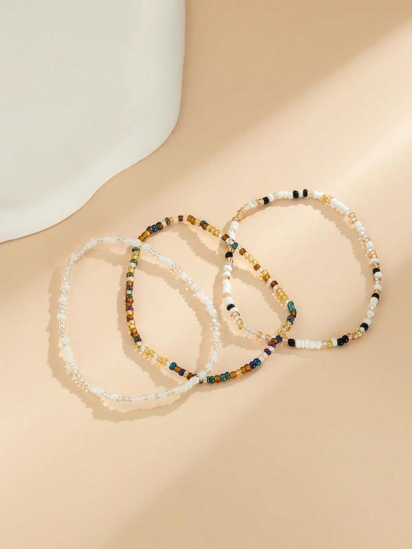 3pcs set Boho Color Block Beaded Anklet, Fashionable Foot Jewelry For Women & Girls