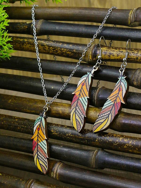 Boho Style Feather Design Pendant Necklace & Dangle Earrings, 3pcs set Colorful Wood Pulp Fiber Jewelry Set for Women and Ggirls, Casual Resort Style Jewelry for Travel and Daily Wear