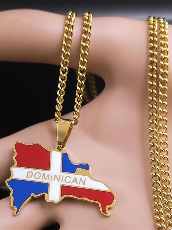 Dominican Republic Flag & Map Design Pendant Necklace, Stainless Steel Jewelry for Party, Daily Clothing Decor, Trendy All-match Jewelry for Birthday Gift