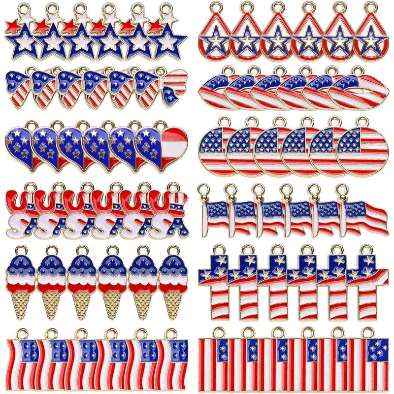 72PCS American Flag Charms, 12 Styles Patriotic Memorial Day Enamel Charms for Necklace Bracelets Earring Making, USA Flag Star & Heart Charm Ornament, Red White Blue Charm for DIY Jewelry