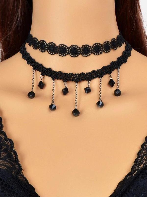 Hollow Lace Tassel Choker Necklace Set for Women, Geometric Floral Chain Rhinestone Pendant Design, Classic Vintage Chiffon Layered Necklace