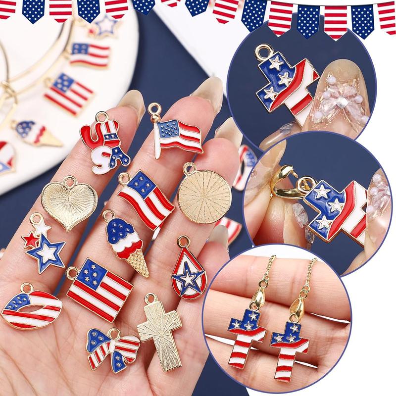 72PCS American Flag Charms, 12 Styles Patriotic Memorial Day Enamel Charms for Necklace Bracelets Earring Making, USA Flag Star & Heart Charm Ornament, Red White Blue Charm for DIY Jewelry