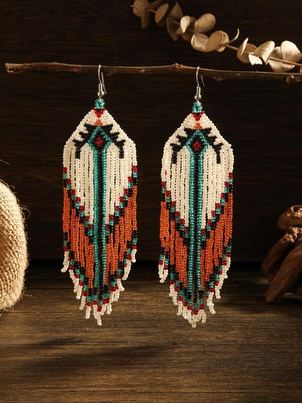 Boho Style Beaded Tassel Decor Dangle Earrings, Vintage Drop Earrings for Women, Beach Essentials, Fashion Trendy Summer Jewelry Gift for Party & Daily Life